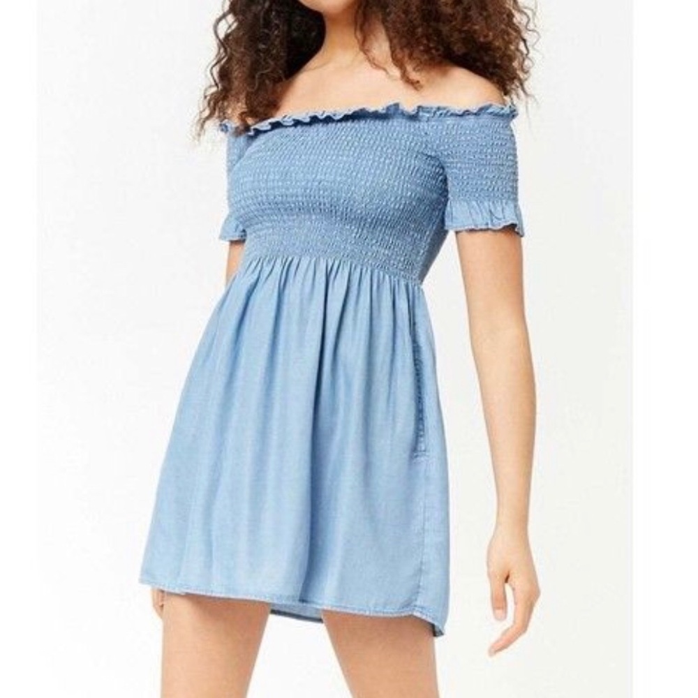 Forever 21 smocked off the shoulder denim dress